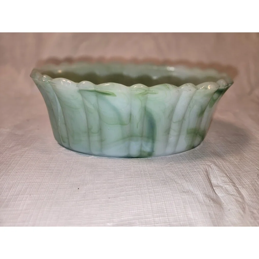 Vintage Akro Agate Green Slag Glass Dish Planter